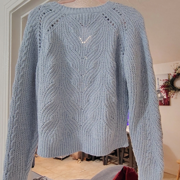 White House Black Market Sweaters - White House Black Market Light Blue Sweater with knitted opening in the front